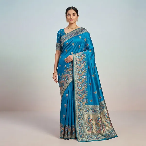 Blue_Banarasi_Satin_Peacock_Embroidered_Saree_For_Women