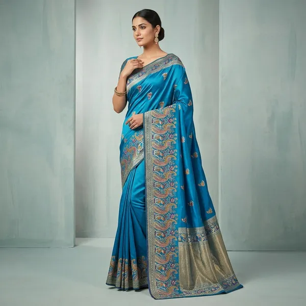 Blue_Banarasi_Satin_Peacock_Embroidered_Saree_For_Women