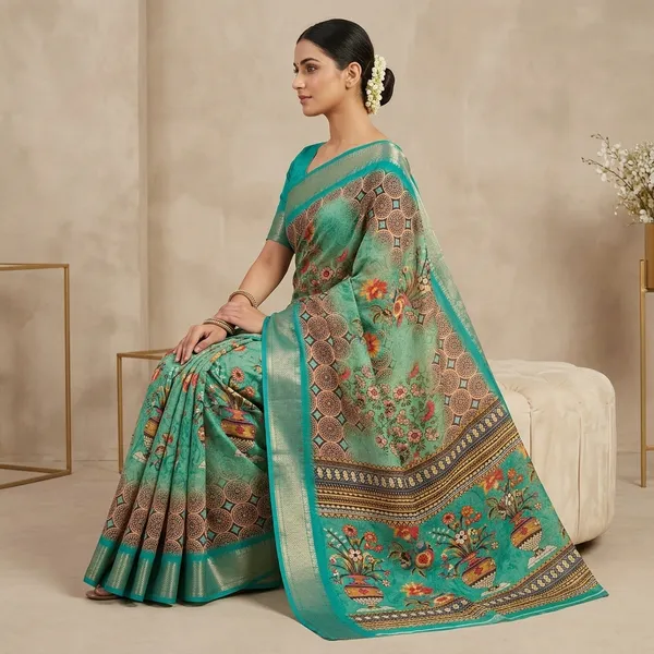 Turquoise_Cotton_Floral_Print_Zari_Border_Saree_For_Women