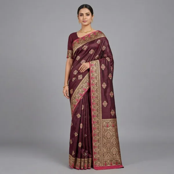 Burgundy_Banarasi_Satin_Embroidered_Golden_Border_Saree_For_Women