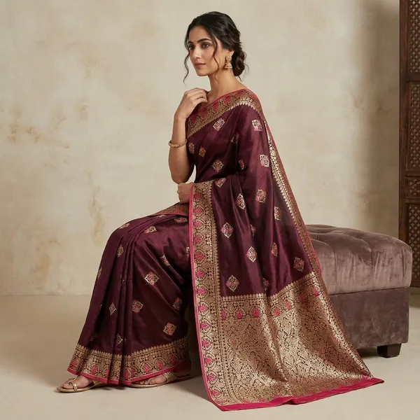 Burgundy_Banarasi_Satin_Embroidered_Golden_Border_Saree_For_Women