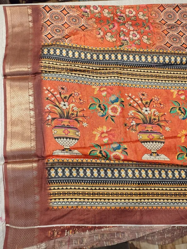 Orange_Cotton_Floral_Print_Golden_Zari_Border_Saree_For_Women