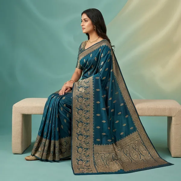 Blue_Banarasi_Satin_Zari_Woven_Golden_Border_Saree_For_Women