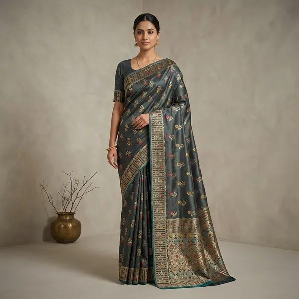 Charcoal_Grey_Banarasi_Satin_Floral_Print_Saree_For_Women