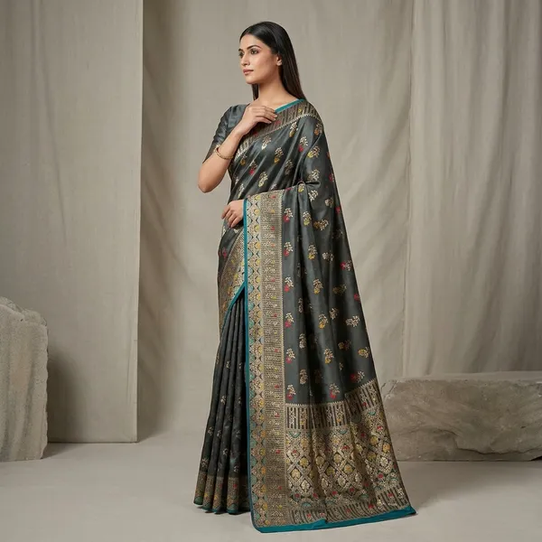 Charcoal_Grey_Banarasi_Satin_Floral_Print_Saree_For_Women