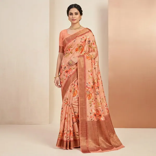Peach_Kashmiri_Silk_Floral_Print_Copper_Border_Saree_For_Women