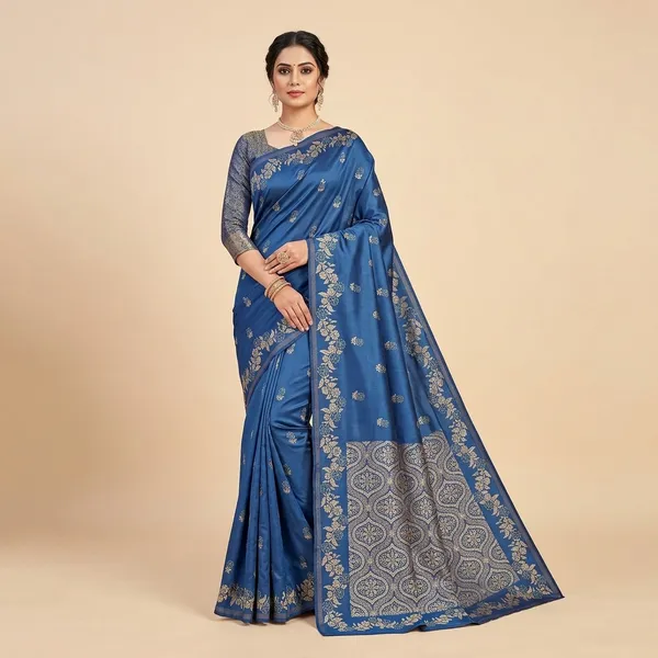 Blue_Banarasi_Satin_Golden_Zari_Border_Saree_For_Women