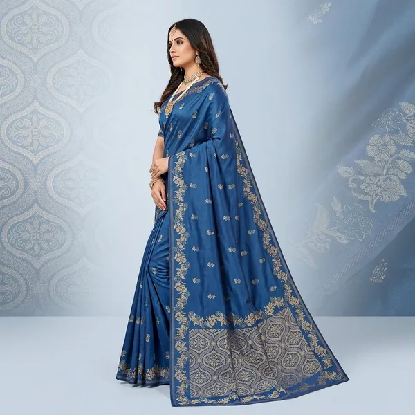 Blue_Banarasi_Satin_Golden_Zari_Border_Saree_For_Women