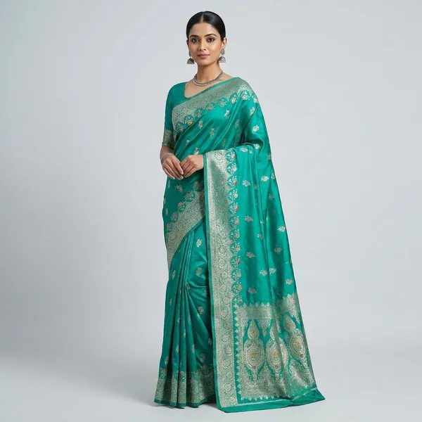 Green_Banarasi_Satin_Gold_Silver_Zari_Embroidered_Saree_For_Women