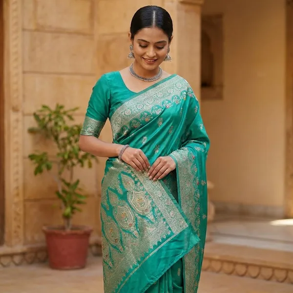 Green_Banarasi_Satin_Gold_Silver_Zari_Embroidered_Saree_For_Women