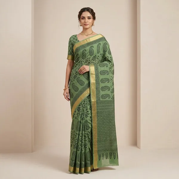 Green_Cotton_Paisley_Print_Golden_Border_Saree_For_Women