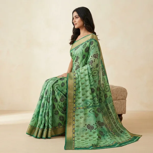 Green_Cotton_Paisley_Print_Golden_Border_Saree_For_Women