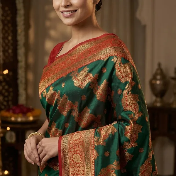 Red_And_Green_Banarasi_Satin_Embroidered_Saree_For_Women
