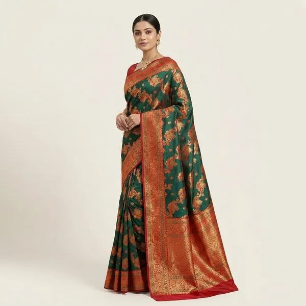 Red_And_Green_Banarasi_Satin_Embroidered_Saree_For_Women
