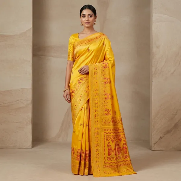 Yellow_Banarasi_Satin_Traditional_Printed_Saree_For_Women