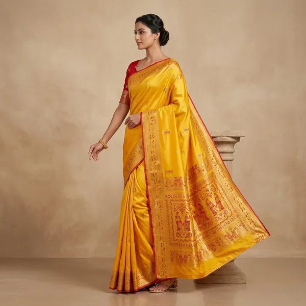 Yellow_Banarasi_Satin_Traditional_Printed_Saree_For_Women