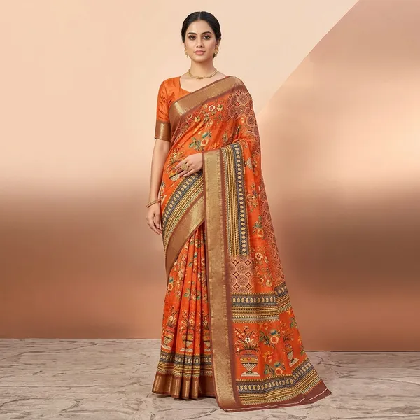 Orange_Cotton_Floral_Print_Golden_Zari_Border_Saree_For_Women