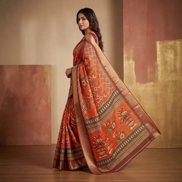 Orange_Cotton_Floral_Print_Golden_Zari_Border_Saree_For_Women