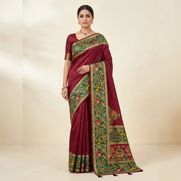 Green_And_Maroon_Satin_Silk_Pattachitra_Print_Saree_For_Women