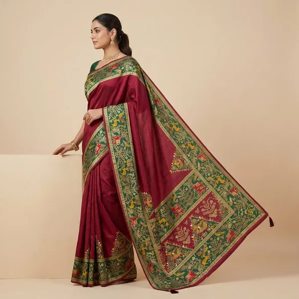 Green_And_Maroon_Satin_Silk_Pattachitra_Print_Saree_For_Women