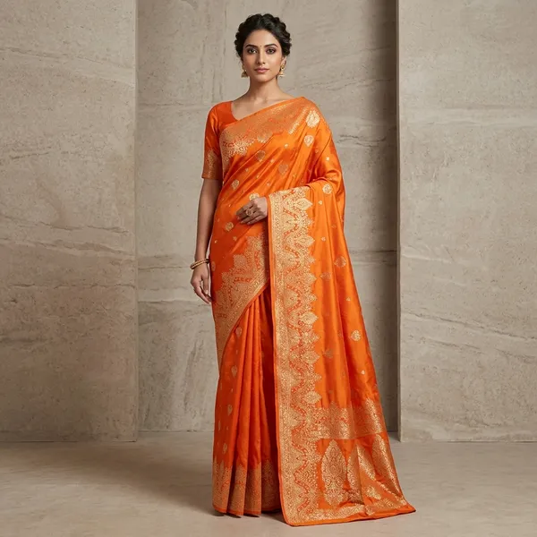 Orange_Banarasi_Satin_Golden_Zari_Embroidered_Saree_For_Women