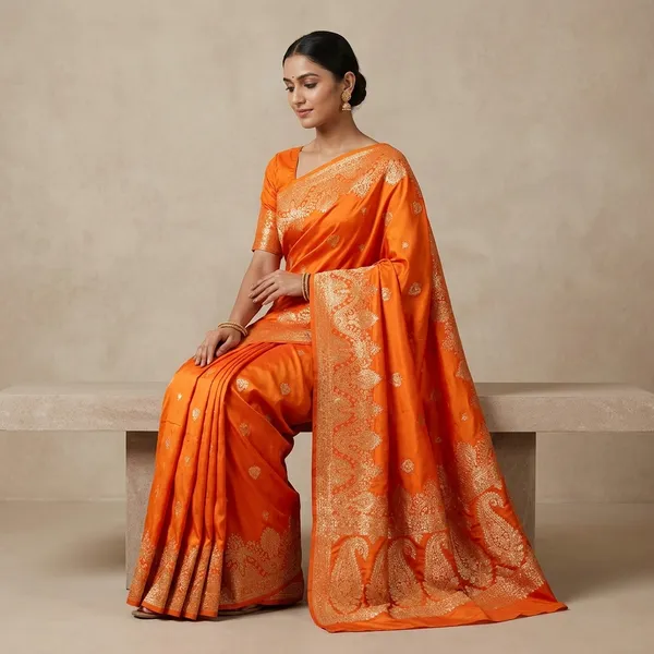 Orange_Banarasi_Satin_Golden_Zari_Embroidered_Saree_For_Women