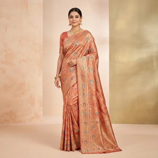 Peach_Banarasi_Satin_Floral_Zari_Embroidered_Saree_For_Women