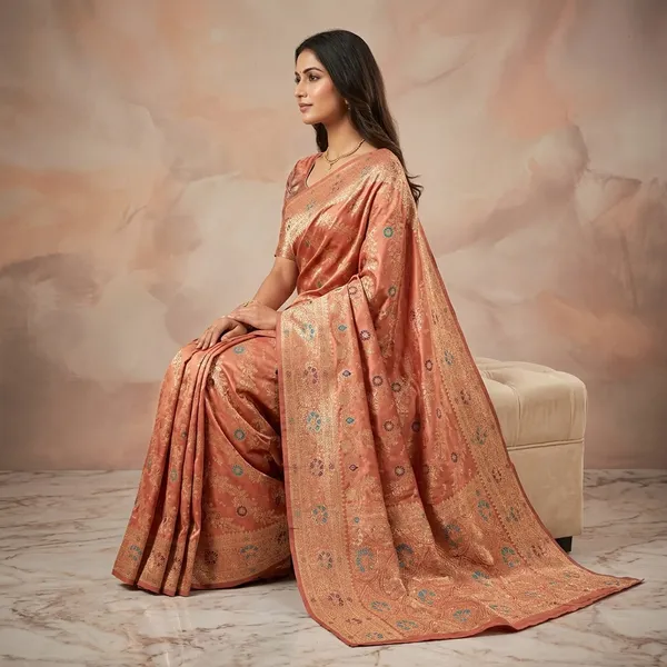 Peach_Banarasi_Satin_Floral_Zari_Embroidered_Saree_For_Women