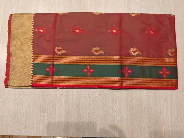 Red_And_Brown_Banarasi_Satin_Zari_Woven_Peacock_Motif_Saree_For_Women