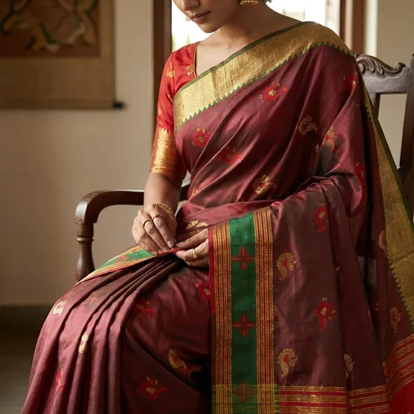 Red_And_Brown_Banarasi_Satin_Zari_Woven_Peacock_Motif_Saree_For_Women