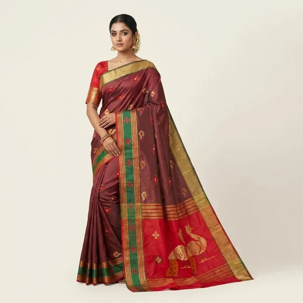 Red_And_Brown_Banarasi_Satin_Zari_Woven_Peacock_Motif_Saree_For_Women