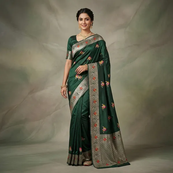 Dark_Green_Banarasi_Satin_Floral_Embroidered_Saree_For_Women