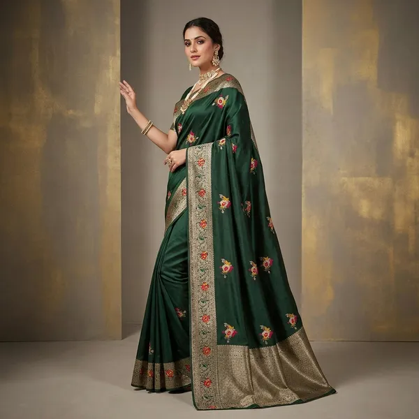 Dark_Green_Banarasi_Satin_Floral_Embroidered_Saree_For_Women
