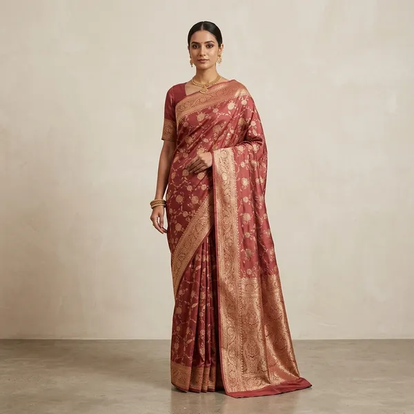 Peach_Banarasi_Satin_Brocade_Ethnic_Print_Saree_For_Women