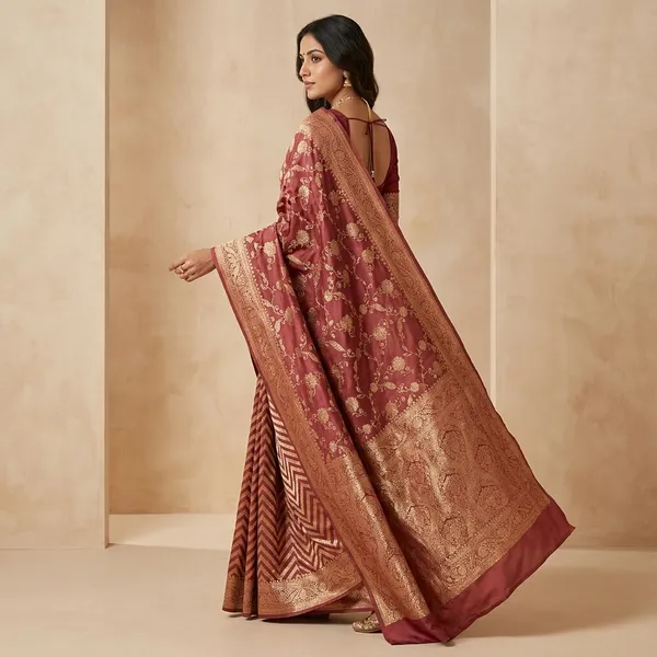 Peach_Banarasi_Satin_Brocade_Ethnic_Print_Saree_For_Women