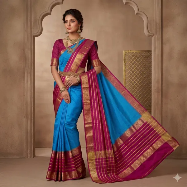 Blue_Maroon_Mysore_Crepe_Silk_Zari_Temple_Border_Saree_For_Women