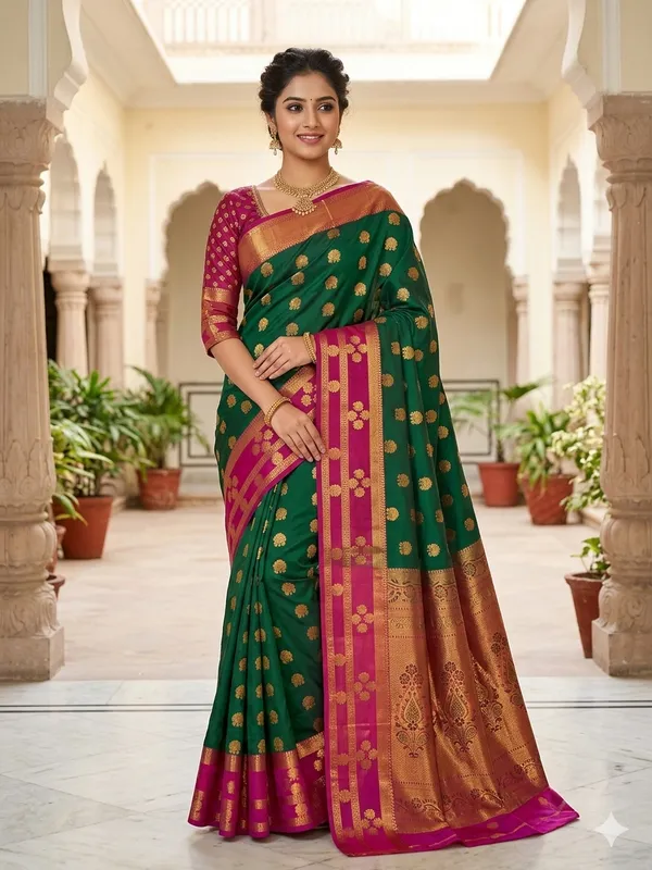 Green_Maroon_Kanjivaram_Silk_Zari_Butti_Woven_Saree_For_Women