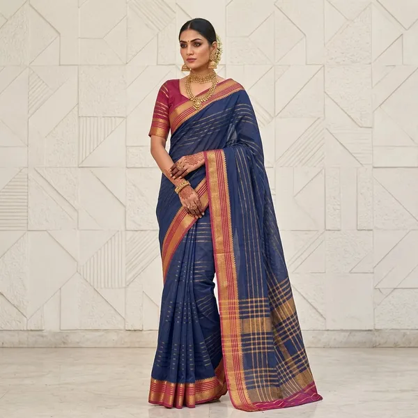 Navy_Blue_Mysore_Crepe_Silk_Zari_Stripe_Saree_For_Women