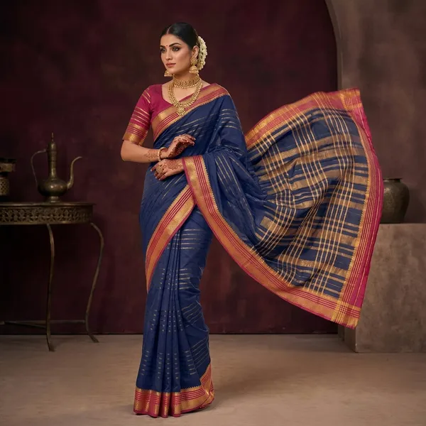 Navy_Blue_Mysore_Crepe_Silk_Zari_Stripe_Saree_For_Women