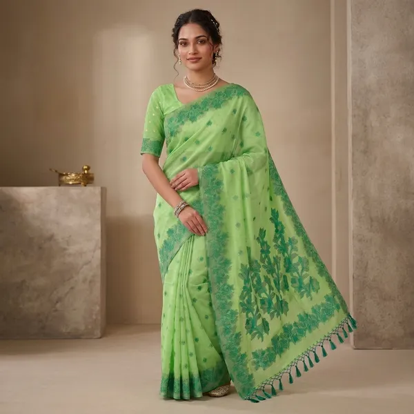 Green_Cotton_Silk_Floral_Embroidered_Border_Saree_For_Women