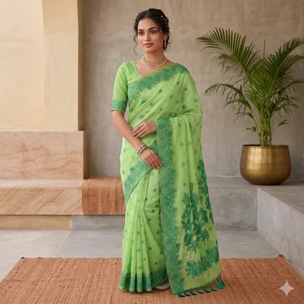 Green_Cotton_Silk_Floral_Embroidered_Border_Saree_For_Women