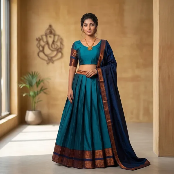 Teal_Maroon_Lichi_Silk_Zari_Border_Lehenga_Choli_For_Girls