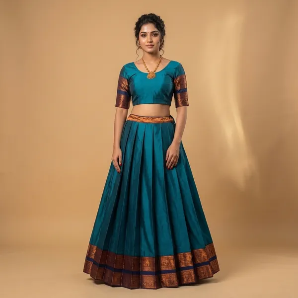 Teal_Maroon_Lichi_Silk_Zari_Border_Lehenga_Choli_For_Girls