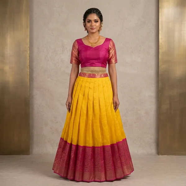 Pink_Yellow_Lichi_Silk_Zari_Border_Lehenga_Choli_For_Girls_(Semistiched,_Size:_Upto_42)