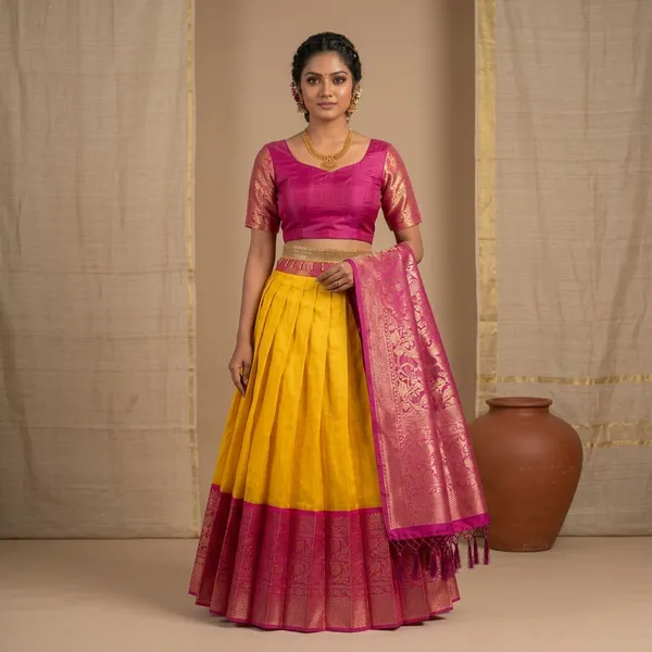 Pink_Yellow_Lichi_Silk_Zari_Border_Lehenga_Choli_For_Girls_(Semistiched,_Size:_Upto_42)