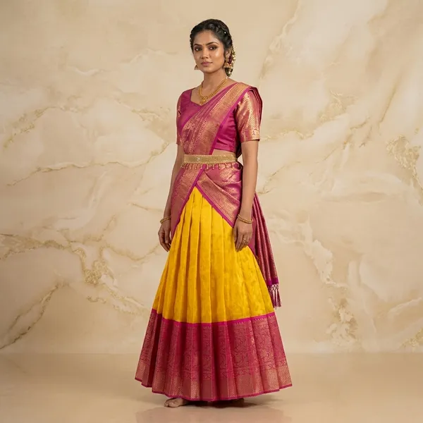 Pink_Yellow_Lichi_Silk_Zari_Border_Lehenga_Choli_For_Girls_(Semistiched,_Size:_Upto_42)