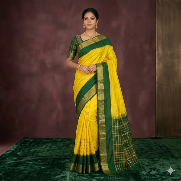 Green_And_Yellow_Mysore_Crepe_Silk_Zari_Border_Saree_For_Women