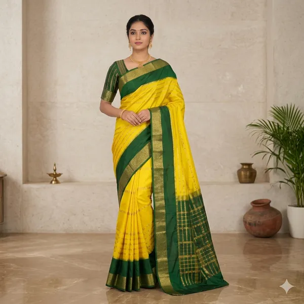 Green_And_Yellow_Mysore_Crepe_Silk_Zari_Border_Saree_For_Women
