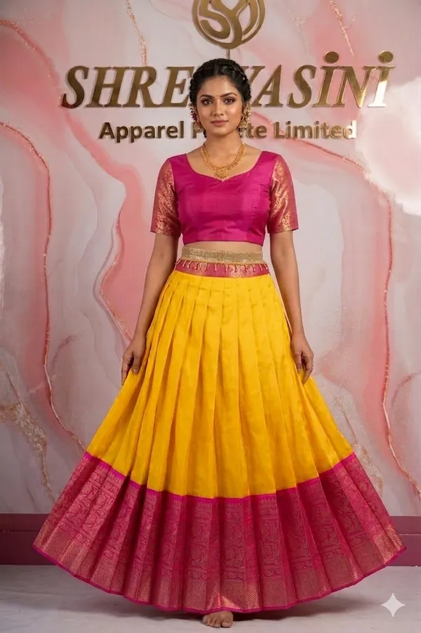 Pink_Yellow_Lichi_Silk_Zari_Border_Lehenga_Choli_For_Girls_(Semistiched,_Size:_Upto_42)
