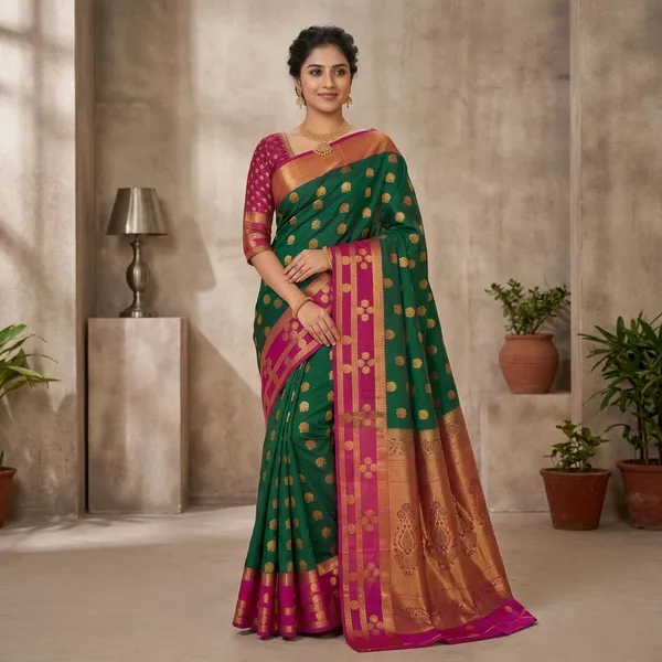 Green_Maroon_Kanjivaram_Silk_Zari_Butti_Woven_Saree_For_Women